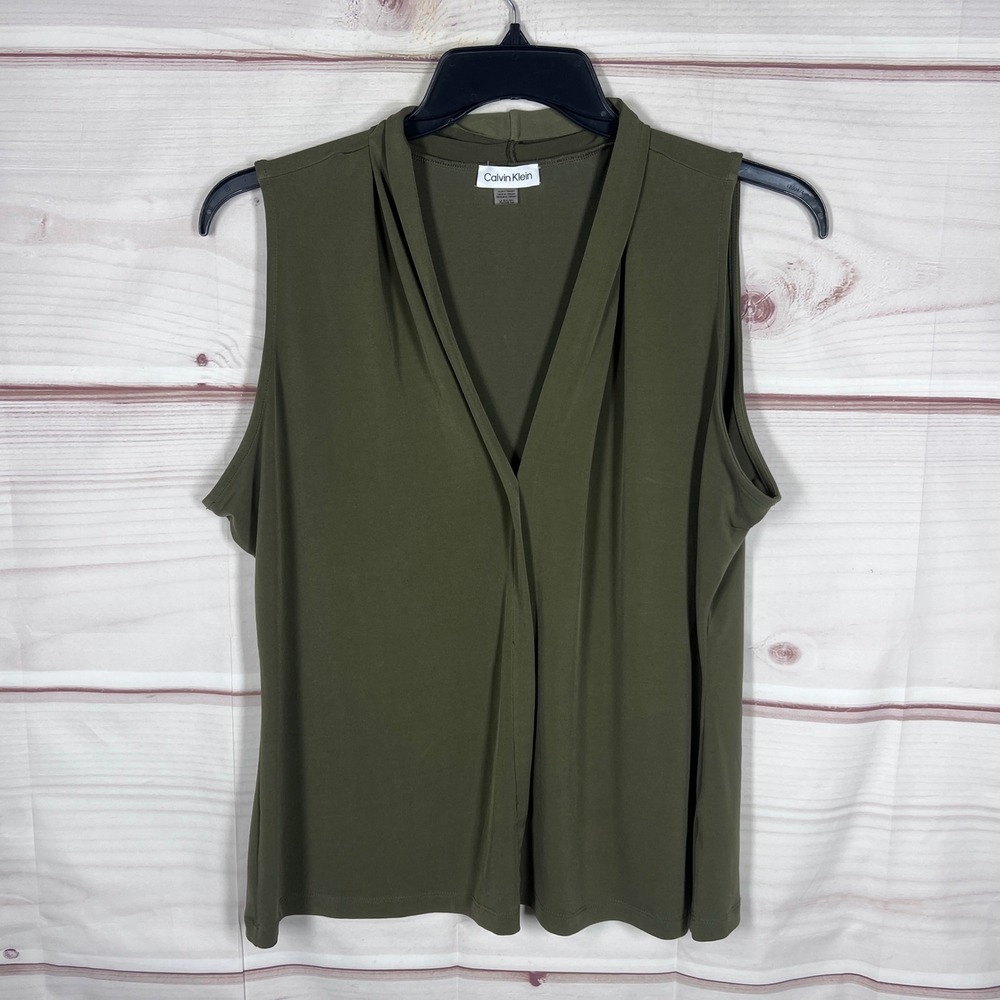 Calvin Klein Top Womens XL Green Sleeveless V-Neck Pleated Shell Blouse Office